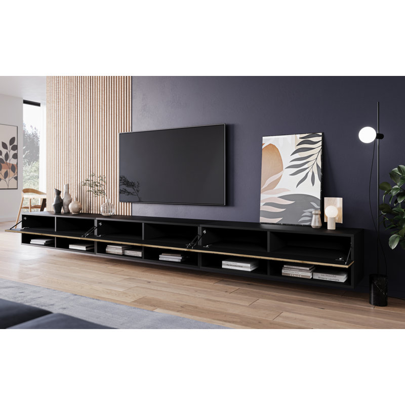 Lowboard Tv Cabinet "anne", With Mdf Doors, Without Led Lighting, Matte Black With 3d Herringbone Pattern