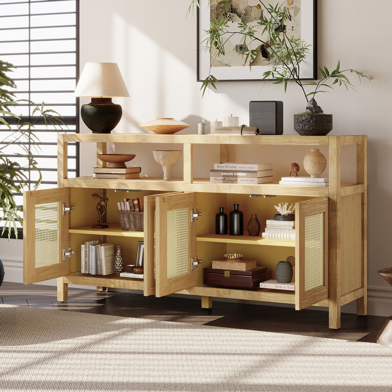 Bohemian Style Rattan Buffet Storage Cabinet With Solid Wood Frame, Sideboard With 3-Position Adjustable Shelves, No-Handle Push-To-Open Design
