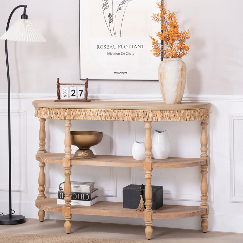 Console en bois fabriquée à la main avec garniture tissée à la main, tablettes de rangement à 3 niveaux