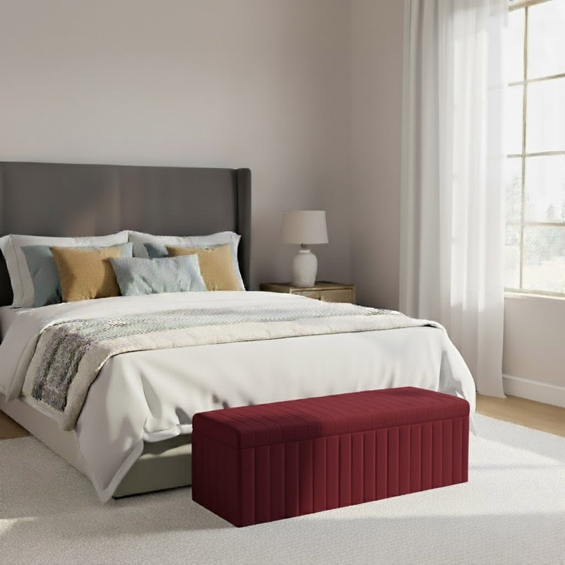 Lux Striped Wide Velvet Rectangle Solid Color Standard Ottoman Box with Storage, 40 cm H x 90 cm W x 42 cm D, Red