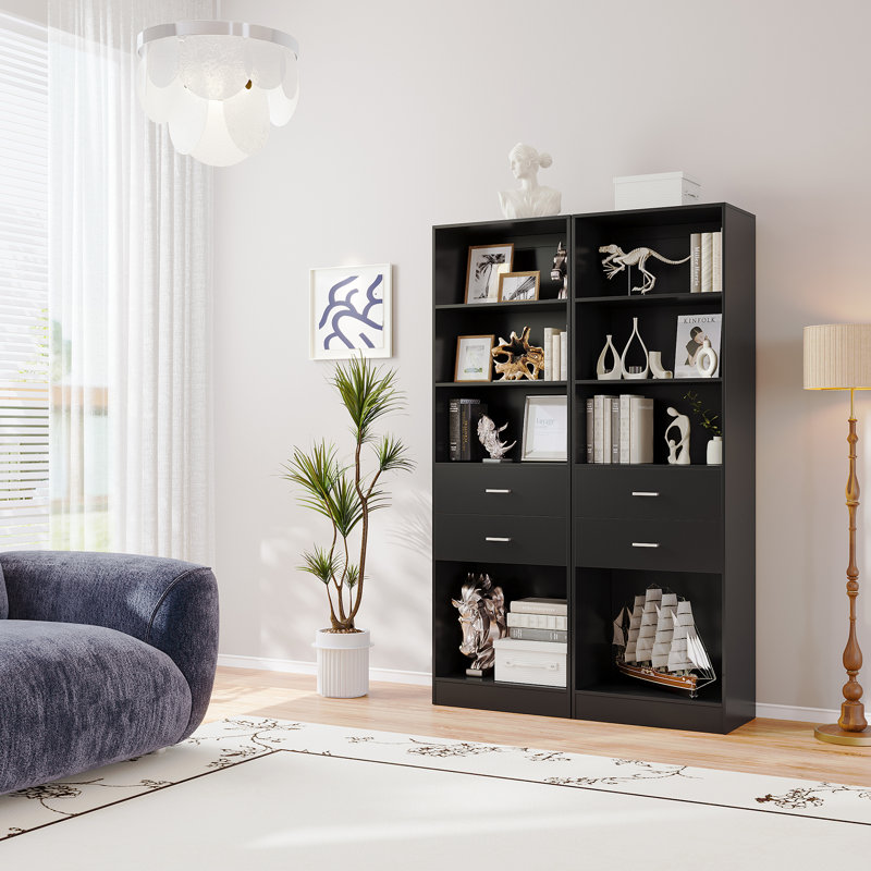 79" Bookcase With Drawers And Adjustable Shelves (Set of 2), Black