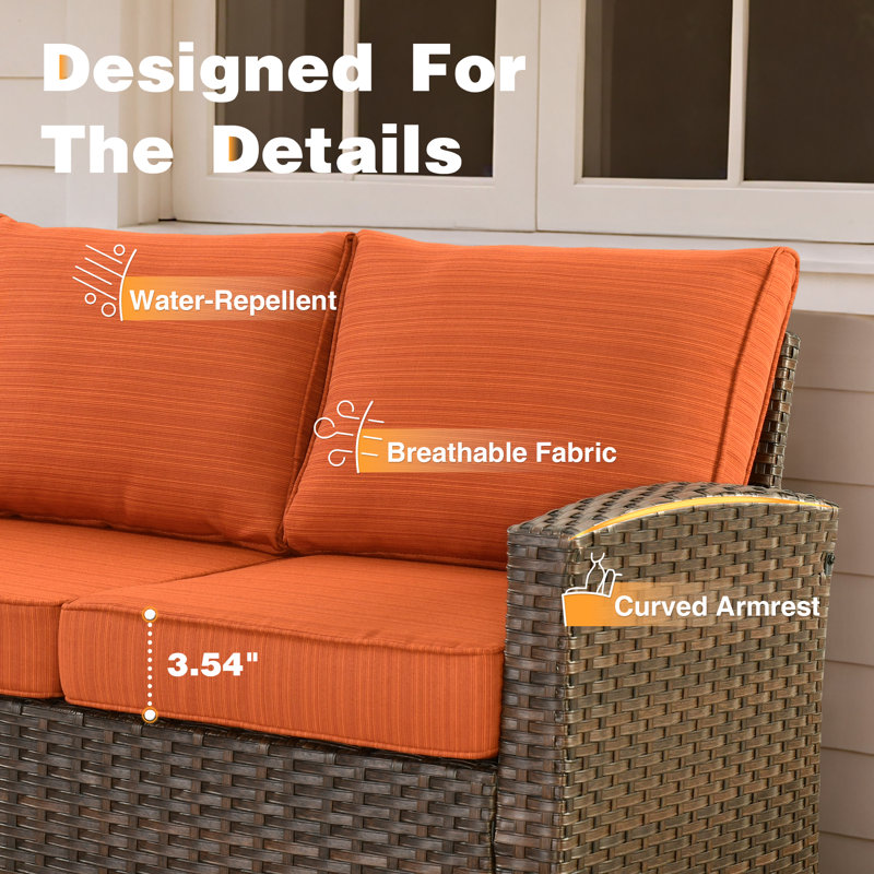 Eaker Wicker Outdoor Patio Sofa With Cushions, Orange Red