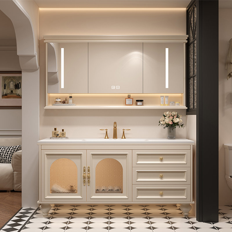 Armoire de salle de bain style rétro français, H 32,28 po x l 55,12 po x P 21,65 po, Beige