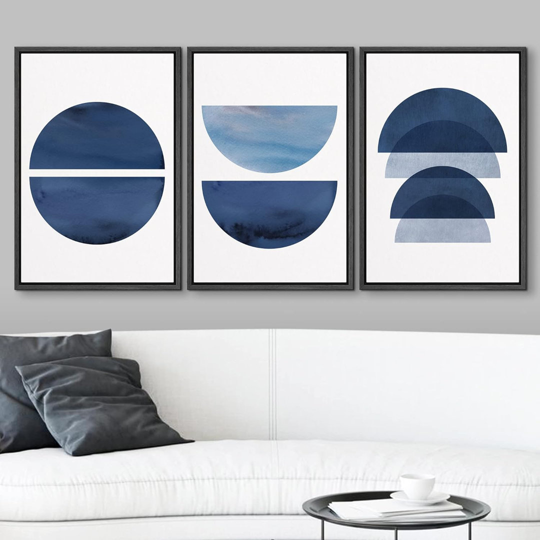 Mid Century Shape " Blue Semi Circle Polygon Variety Geometric Shapes Digital Modern Art Boho " 3 - Pieces IDEA4WALL 