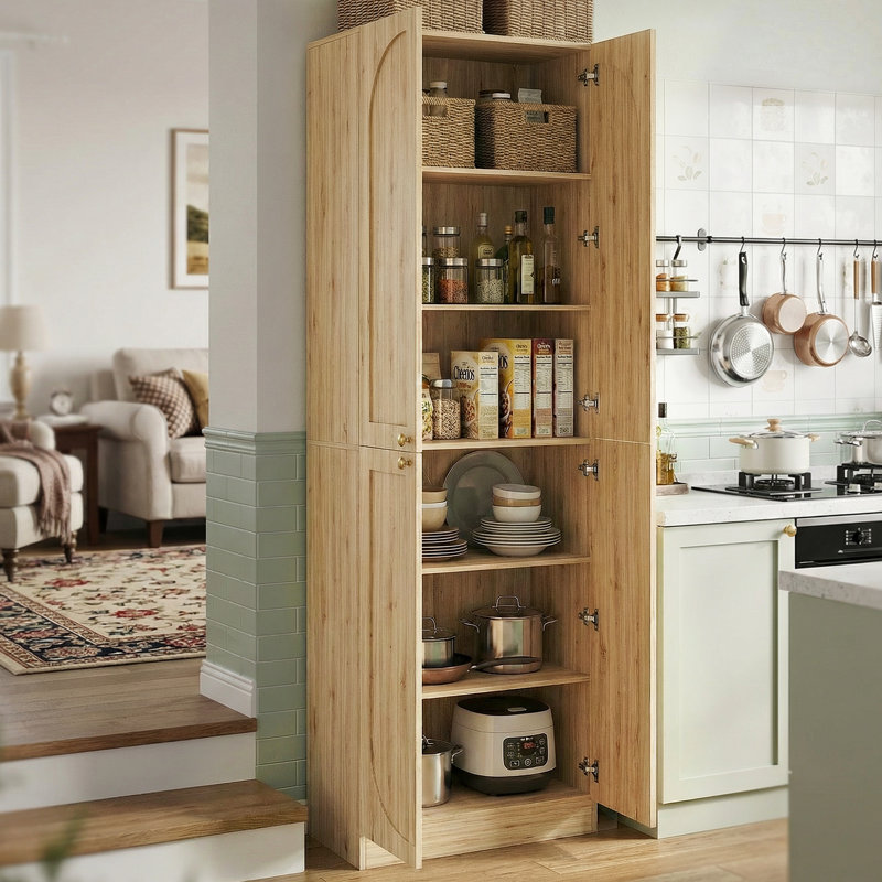 ‌23.6" Extra Tall Arch Storage Cabinet - 4 Door Wooden Pantry, Adjustable Shelves, Freestanding For Dining/Living Room, Oak