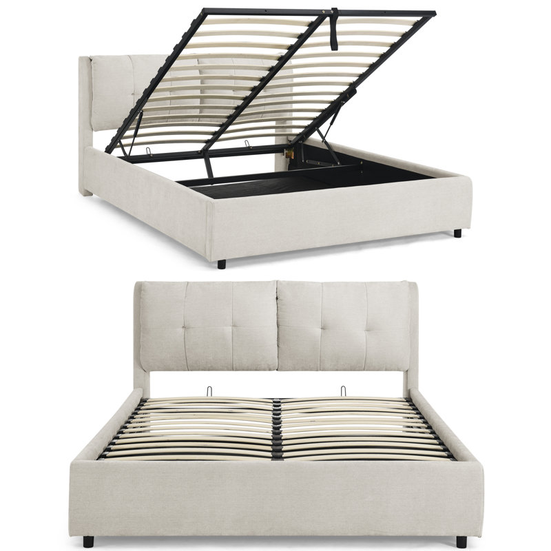 Lit plateforme avec rangement Olyra, Grand lit, Beige