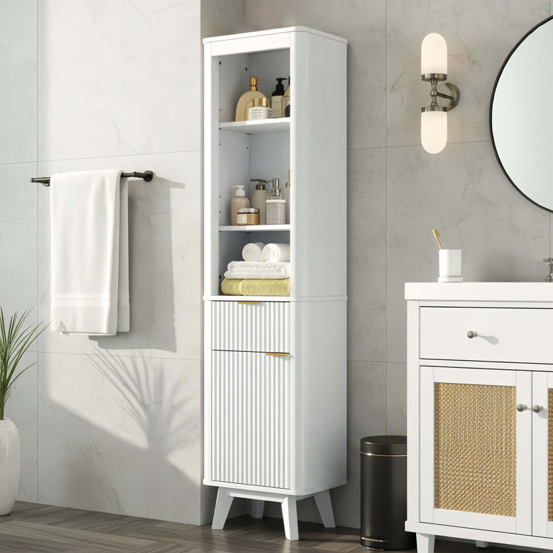 Modern Tall Storage Cabinet with Adjustable Shelves and Drawer, White