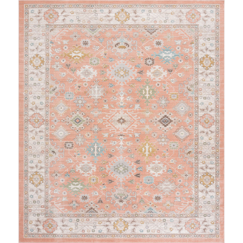 Tapis oriental rectangulaire saumon en polyester Ellen 5 pi 3 po x 7 pi, Rectangle 5 pi 3 po x 6 pi 11 po