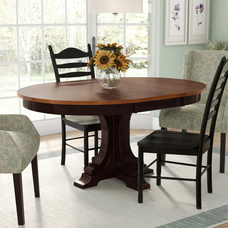 Round Extendable Solid Wood Dining Table in Mocha- Seats 4-6 people With Gear Driven Takeout Leaf