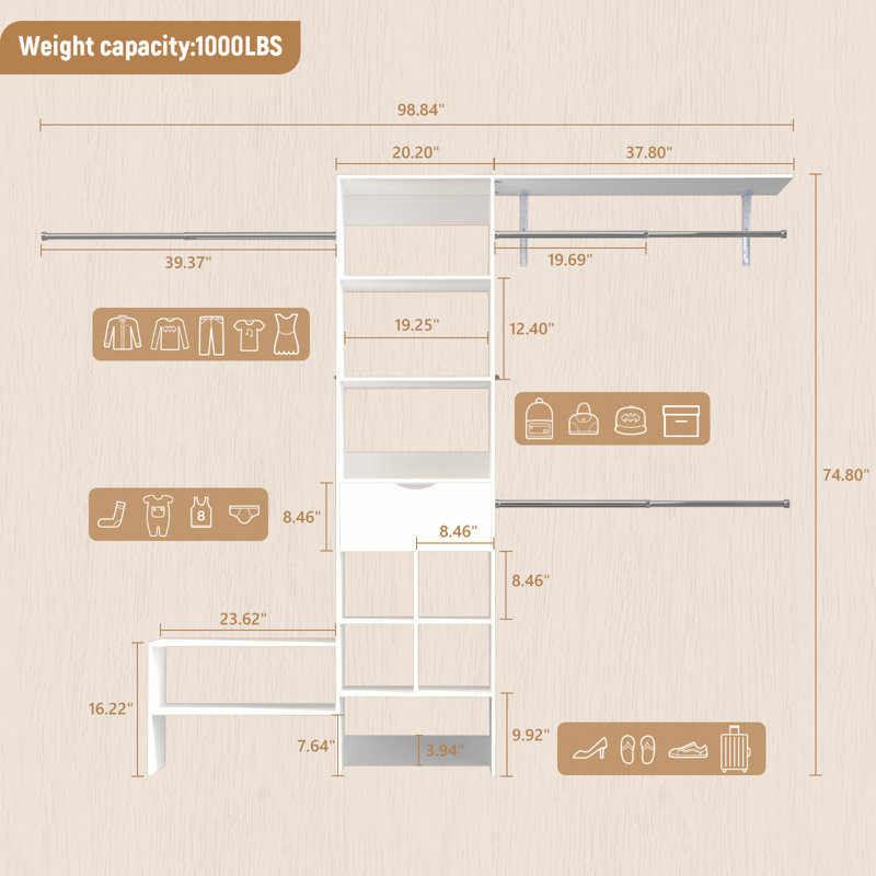 40"-99" Wooden Closet System with Drawers, Walk in Closet Organizer System with 3 Hanging Rods, Adjustable Built in Closets Systems