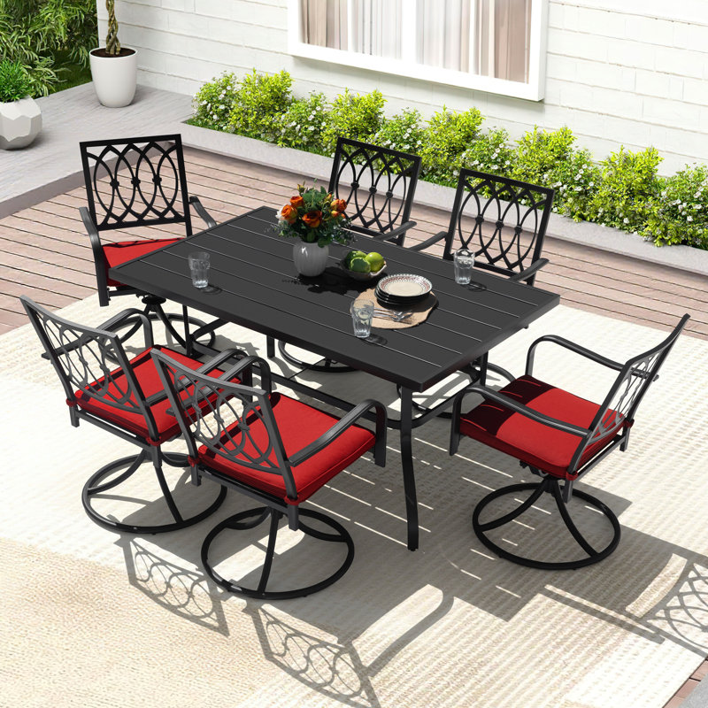 7pcs Metal Patio Dining Set With Umbrella Hole, Swivel Chairs With Cushions, 7 Pieces: Table, 6 Chairs