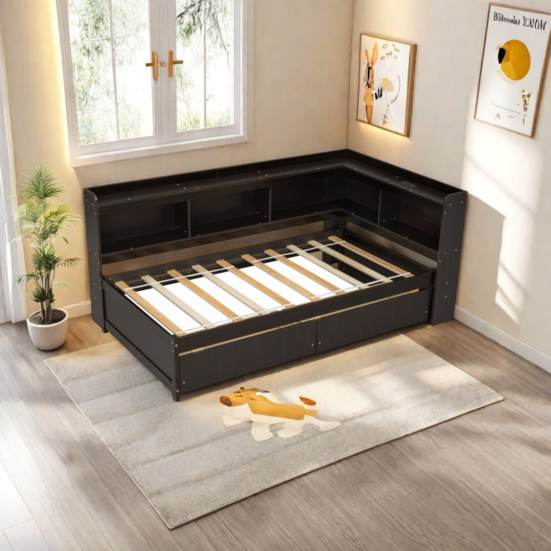 Bed Frame With L-Shaped Bookcases, Built-In Charging Station & Storage Drawers,  Headboard Shelves, Space-Saving Design For Kids Teens Bedroom, Easy Assembly