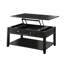 Table basse fonctionnelle noire avec pieds relevables et compartiment de rangement inférieur