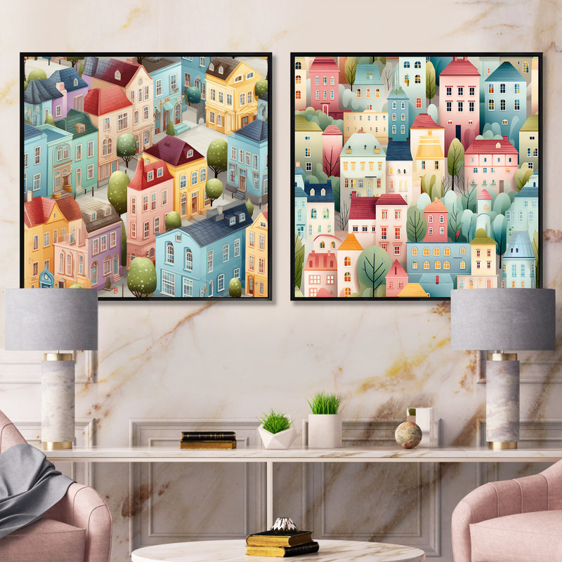 Soft Pastel Color Nordic Building Collage - Abstract Square Collage Set Of 2, 16" H x 33" W, Black Floater Framed