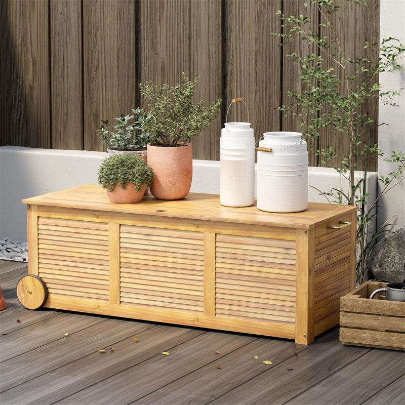 Union Rustic Monsen 10cm W 180L Acacia Deck Box with Wheels in Beige