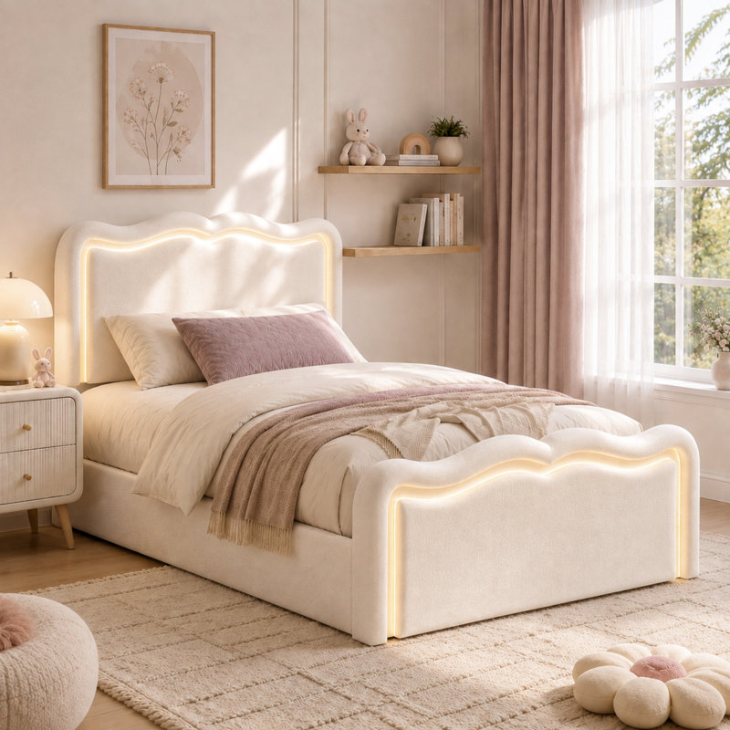 3FT Single Ottoman Bed Frame with Hydraulic Storage & LED Lights, Cream