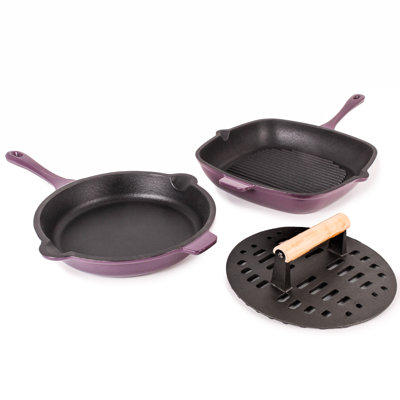 Neo 3Pc Cast Iron Set: Fry Pan, Grill Pan & Slotted Steak Press