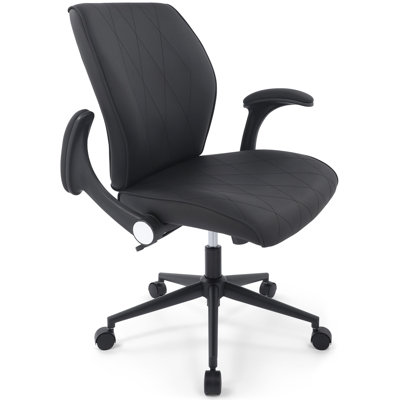 Multi-purpose Faux Leather Padded Mid-back Adjustable-height/tilt, Swivel Rolling Office Computer Desk Task Chair With Flip-up Arms, Ergo Design For Sedentariness, Black