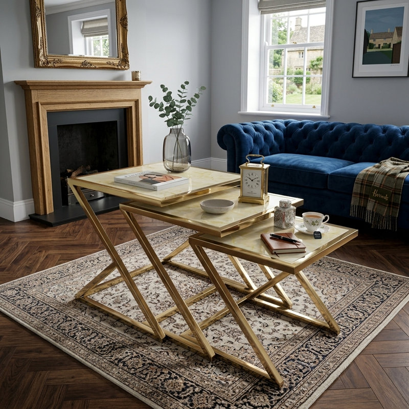 3 - Piece Marble Top Living Room Table Set, Cream