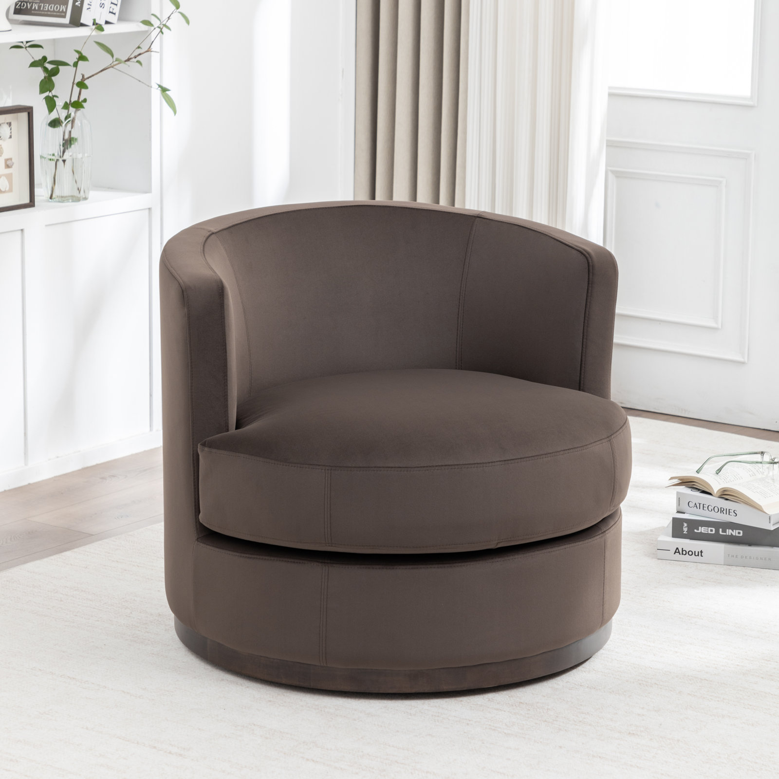 Arabella Swivel Barrel Chair, Truffle Velvet Performance Mohair