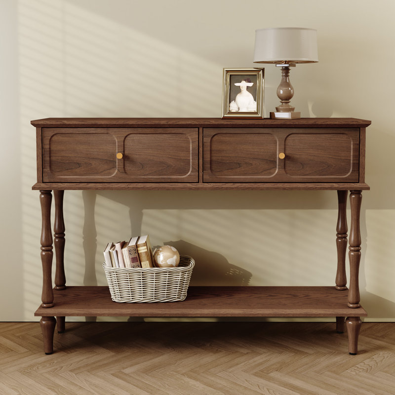 Mid-Century Console Table with 2 Doors for Entry and Living Room,Brown, Brown