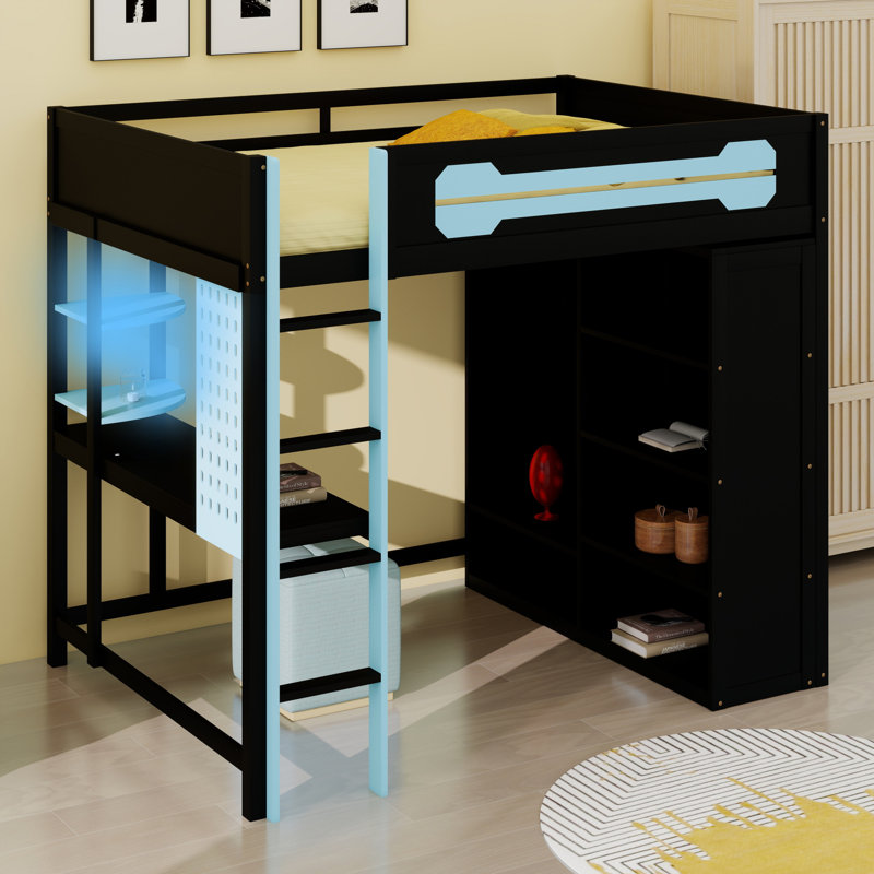 Lit mezzanine peu encombrant avec bureau intégré et garde-robe ouverte, Bleu