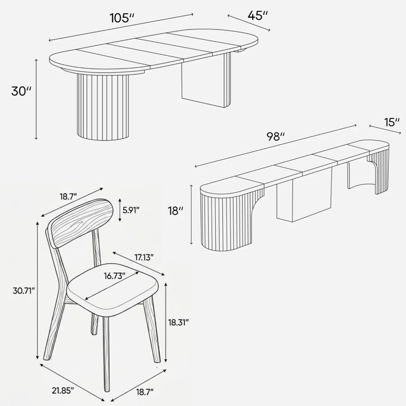 Bachman 6-Pieces Extendable 45'' to 105" Solid Wood Transformer Dining Table With Extenable Bench and Dining Chair