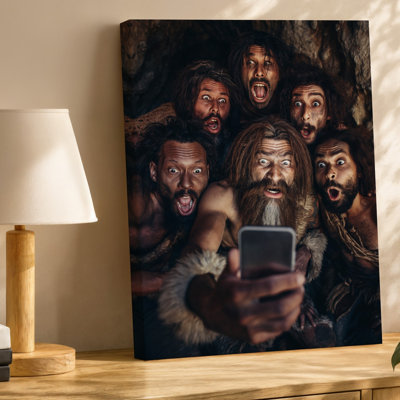 Canvas A Group Of Six Prehistoric Humans Depicted With Exaggerated Facial Wall Art Expressions Of Surprise And Excitement Gather Canvas Wall Art