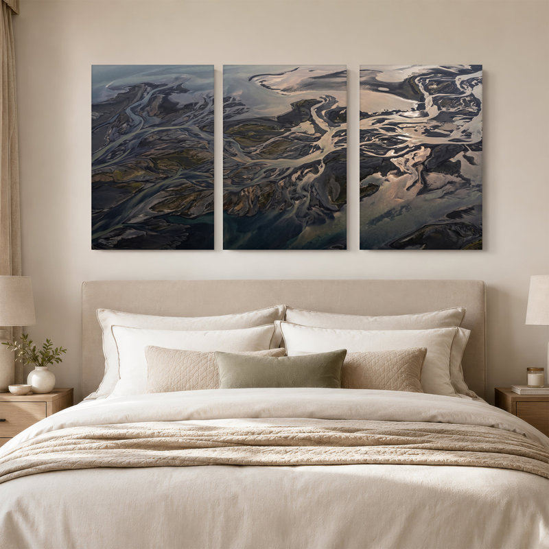 Paysage tressé de delta du paysage dans des tons terreux et sable, ensemble de 3 toiles, H 18 po x l 12 po x 3 pièces