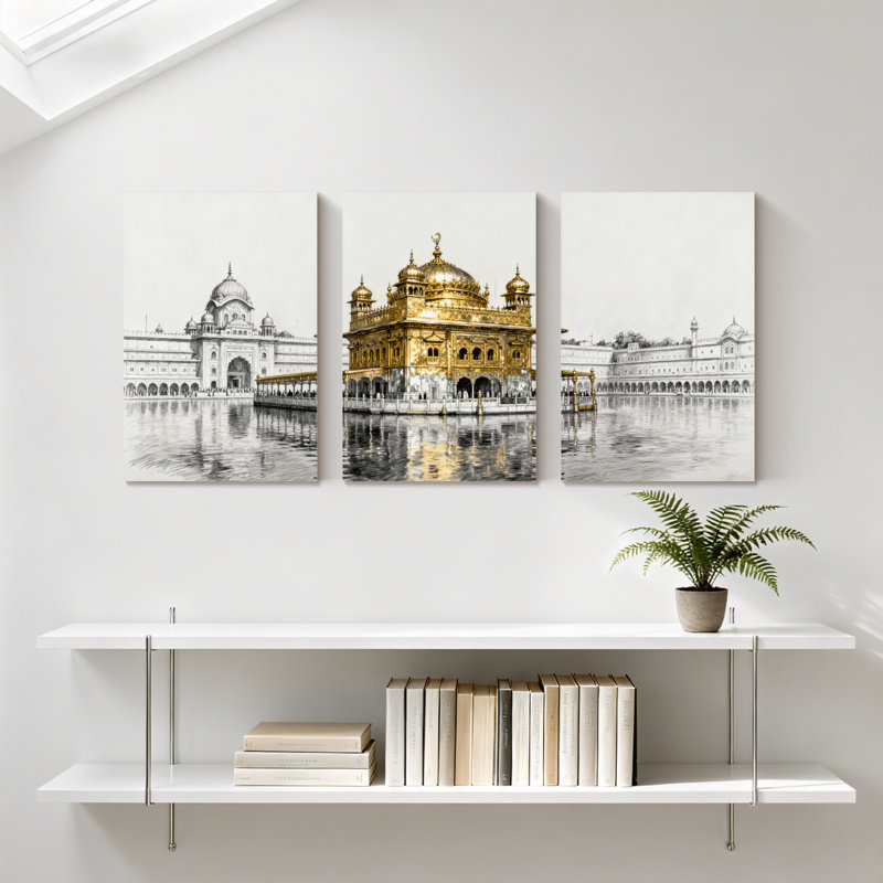 Landmark bâtiment Golden Temple Reflection, ensemble de 3 reproductions d'art sur toile, H 18 po x l 36 po