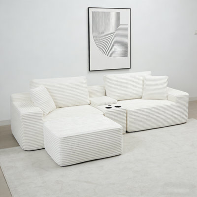Canapé modulaire modulaire, canapé en nuage de velours côtelé à siège profond avec porte-gobelets, ports USB et boîte de rangement, canapé-lit, canapé-lit sans dossier avec repose-pieds mobile pour le salon, aucun assemblage requis, beige