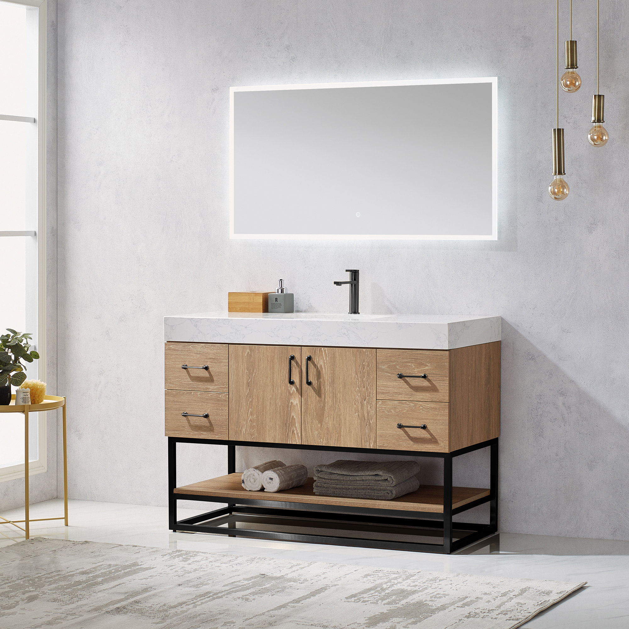 Alistair 48'' Single Bathroom Vanity, White, Matte Black, Natural Oak