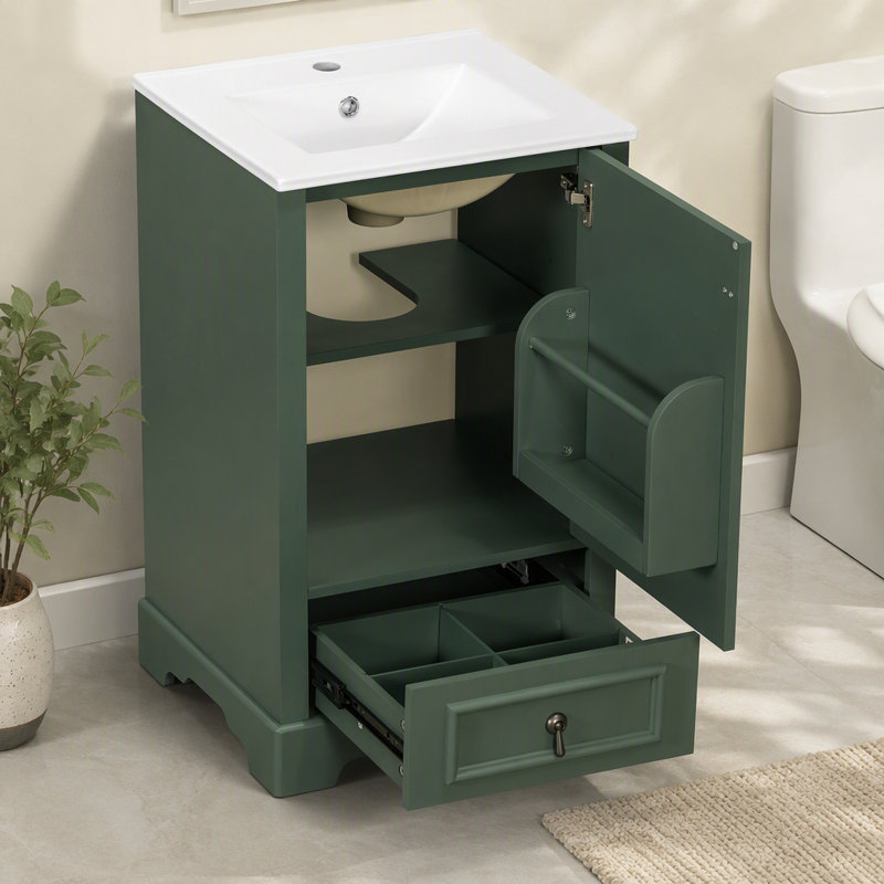 Meuble-lavabo de 20 po avec lavabo en céramique, porte à fermeture en douceur, tablette ajustable en forme de U, tiroir de compartiment et support de porte, style moderne, conception peu encombrante