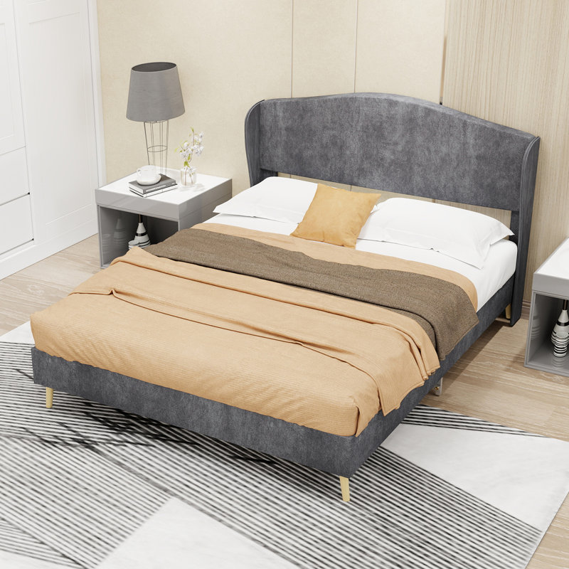 Lit double tapissier en velours double, lit plateforme luxueux et robuste pour la chambre principale, gris, Lit double, Gris