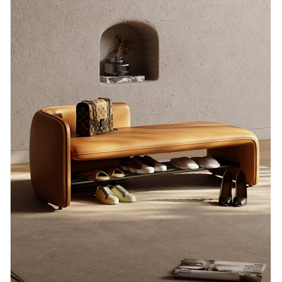 Minimalist modern solid wood leather upholstered shoe storage bench