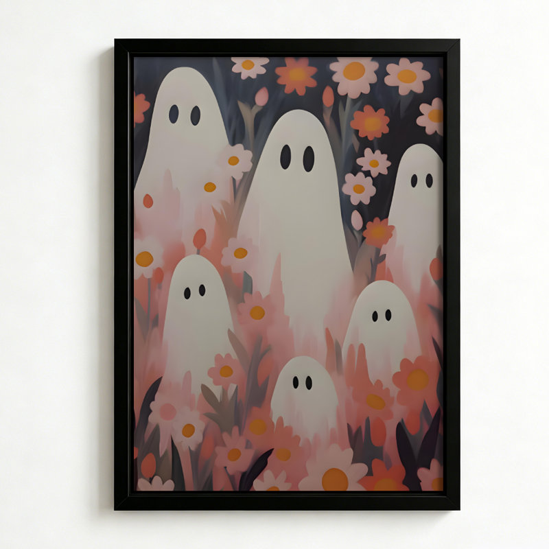 Fantômes pastel d'Halloween parmi des fleurs roses, tableau sur toile encadré, cadre noir, 50 x 75 cm, 20x30, Black