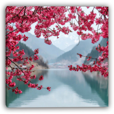 «Blossom Reflection - Pink Cherry Blossoms Over Lake», art mural sur toile