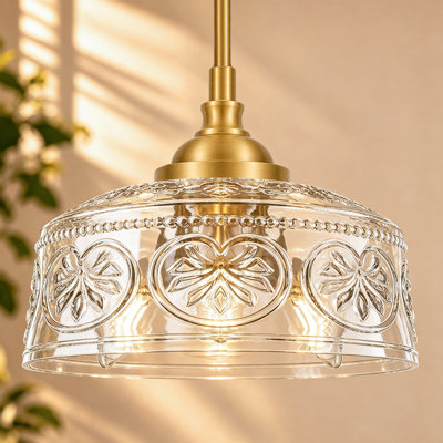 Luminaire suspendu doré à 3 lumières rétro avec abat-jour en verre texturé transparent