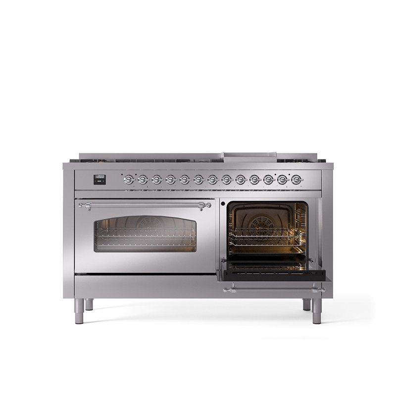 ILVE Nostalgie II 60 Dual Fuel Range, 9 Burners, Griddle, Stainless Steel/Chrome, Liquid Propane