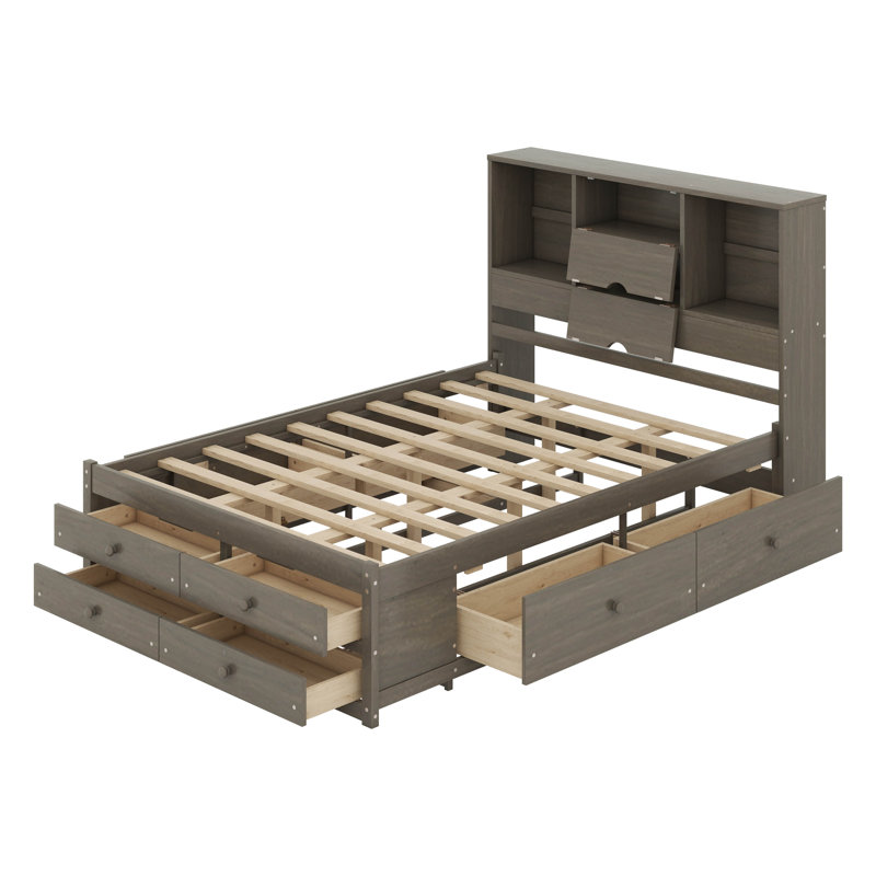 Grand lit plateforme avec tête de lit à rangement et 8 tiroirs, lit plateforme en bois, Gris