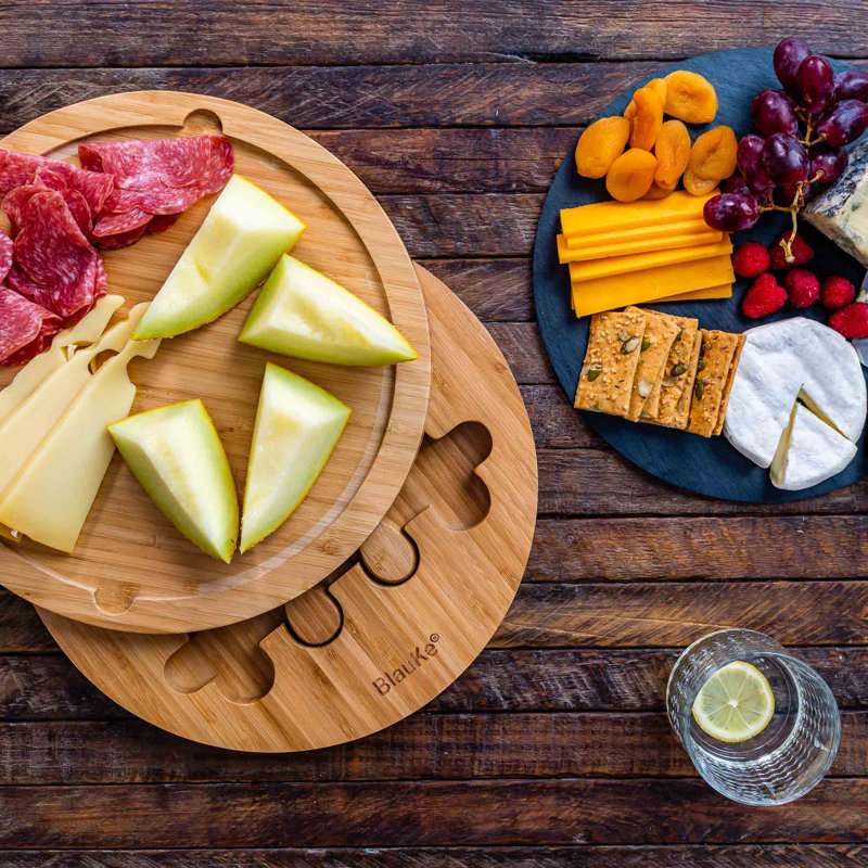 Planche à fromage ronde en bambou avec ensemble de couteaux et ardoise amovible - planche de charcuterie pivotante de 12 pouces