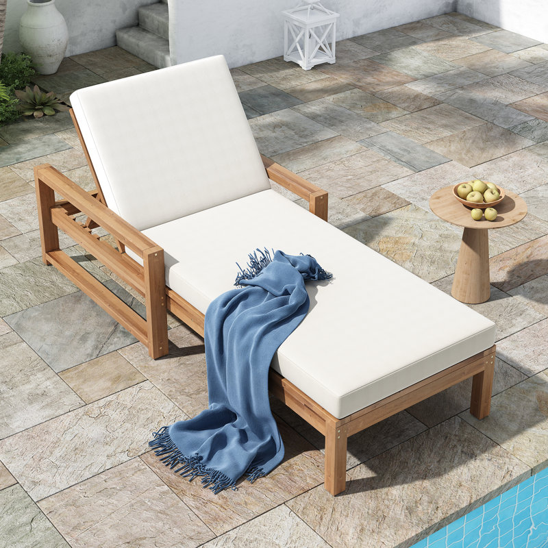 Chaise longue d'extérieur en bois massif avec coussin, Teck clair