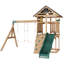Balançoire en bois avec glissade, mur d'escalade et cabane de jeux — Aire de jeux extérieure pour enfants