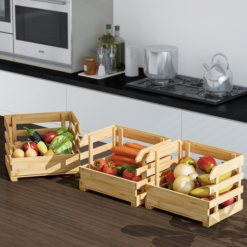 Bamboo Fruit Basket Stand, Potato And Onion Storage Cart, 3-Tier Fruit Basket With Wheels, Vegetable Storage For Kitchen Floor (Self-Assembly)