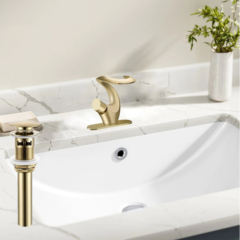 AUU Solid Brass Single Hole Waterfall Vessel Sink Faucet With Pop-Up Drain & Deck Plate, Brushed Gold