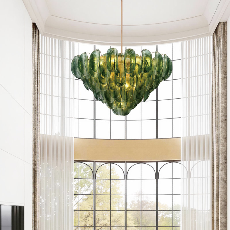 Suspension Château de 99 cm (39 pouces) en laiton satiné et verre vert