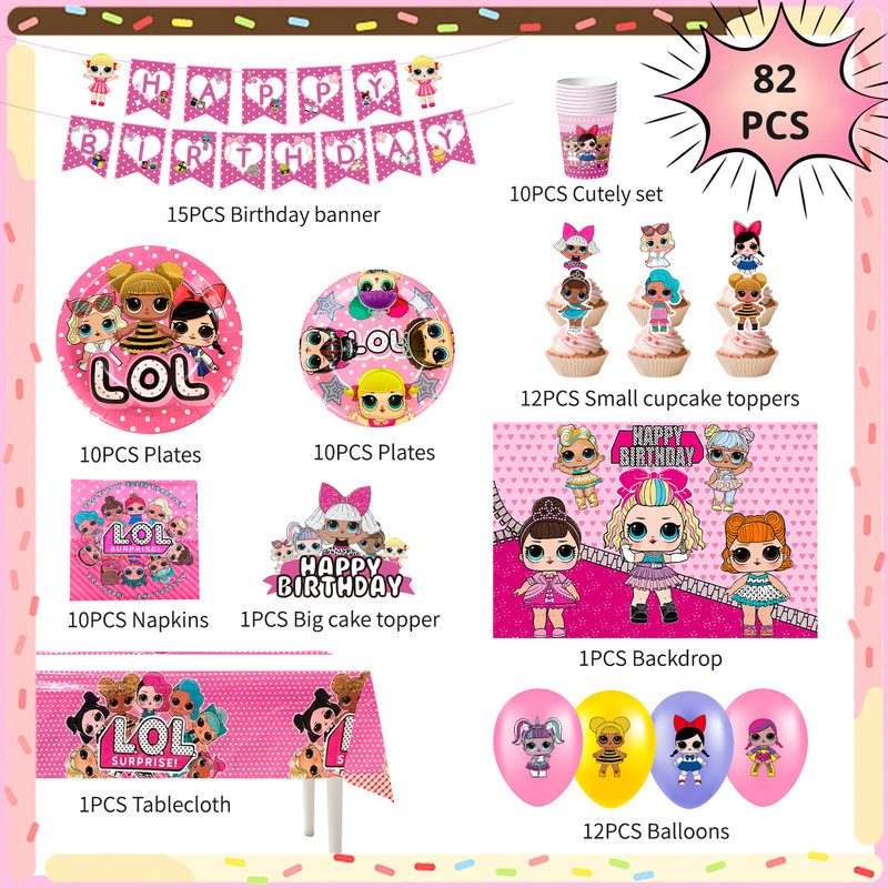 Surprise Doll Birthday Party Supplies, 82 Pcs Surprise Doll Party Decorations & Tableware sets