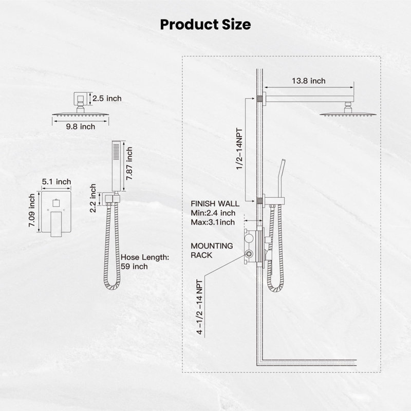 Rainfall Bathroom Shower System & Complete Combo, Wall Mounted - Solid Brass Pressure Balancing Valve, 10 Inch Rain Shower Head & Handle
