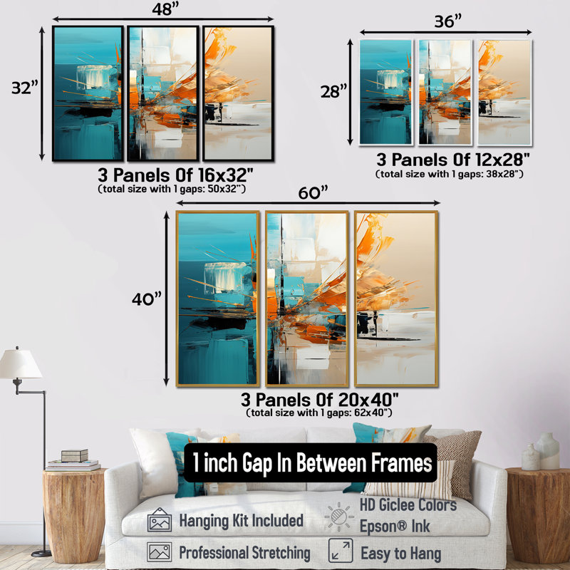 Glorieux coucher de soleil orange turquoise abstrait - ensemble de salon abstrait art mural, Cadre flottant noir