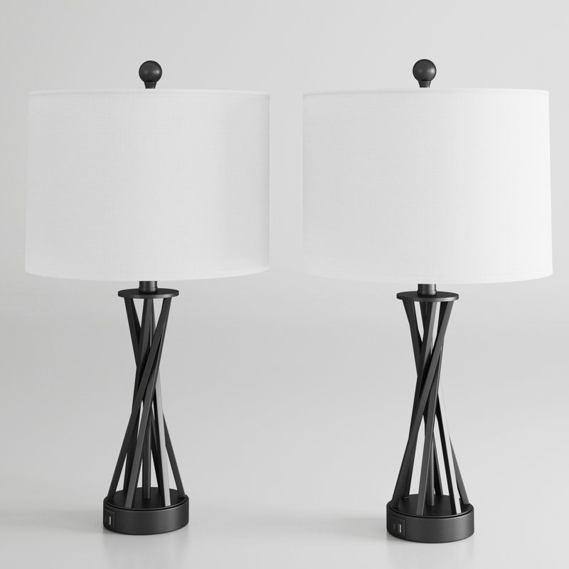 Lampe de table 24 po en métal noir moderne avec ports USB Type-C et abat-jour en lin, Noir